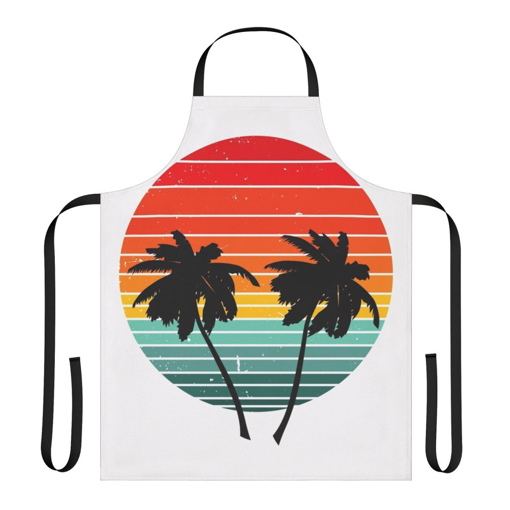 Tropical summer t-shirt apron with vibrant palm, sea, and sunrise design