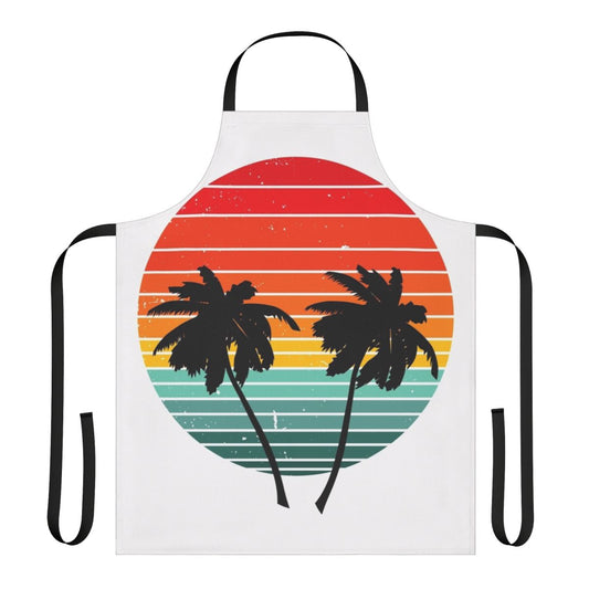 Tropical summer t-shirt apron with vibrant palm, sea, and sunrise design