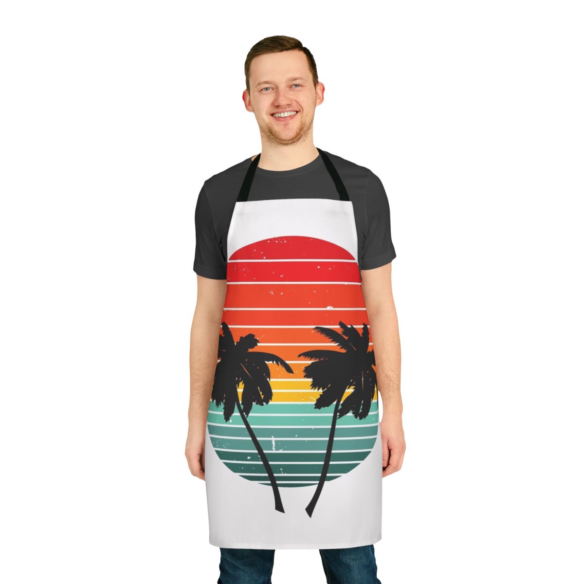 Tropical summer t-shirt apron with vibrant palm, sea, and sunrise design
