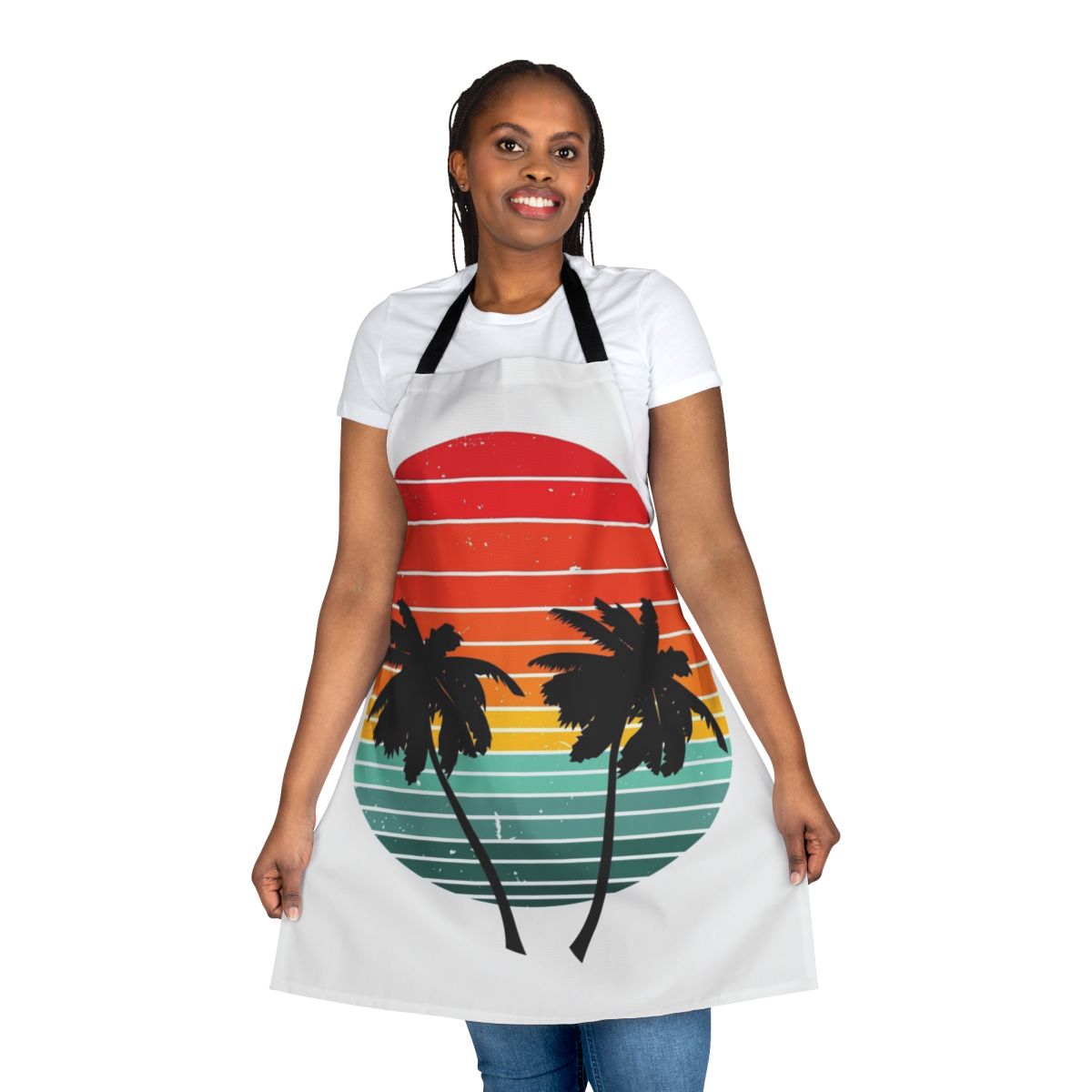 Tropical summer t-shirt apron with vibrant palm, sea, and sunrise design