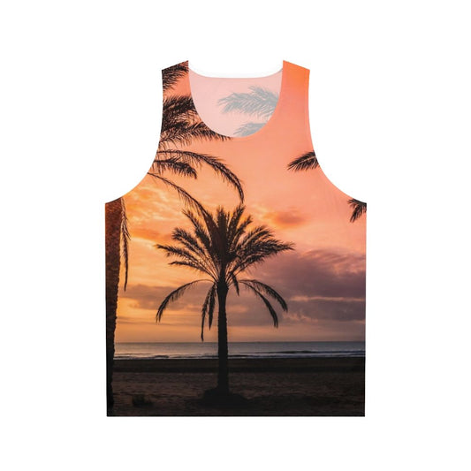 Unisex tank top with a tropical sunrise over palm trees design