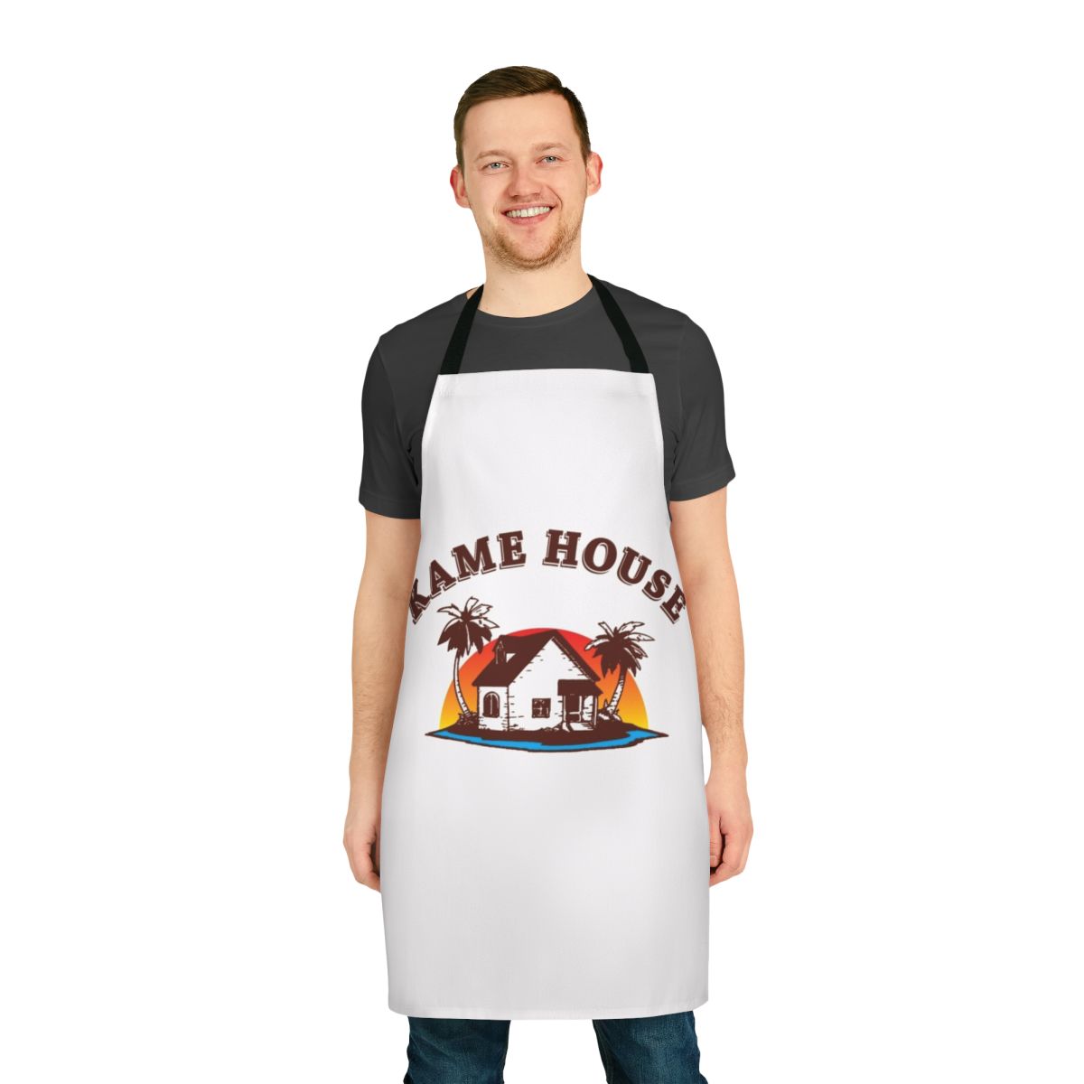 Tropical-themed apron featuring a palm tree and island design, perfect for pop culture enthusiasts