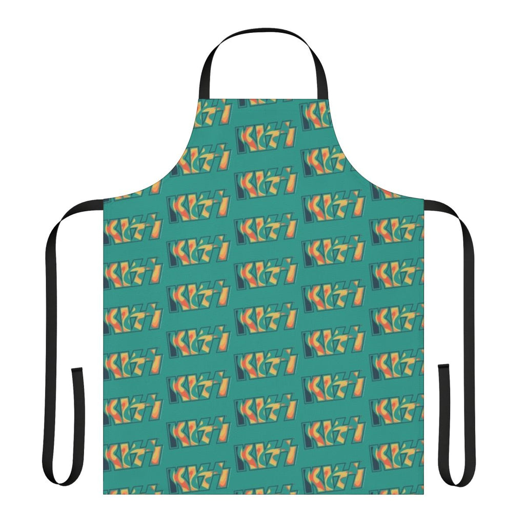 Tropical tie dye green apron featuring a KISS the Band inspired design