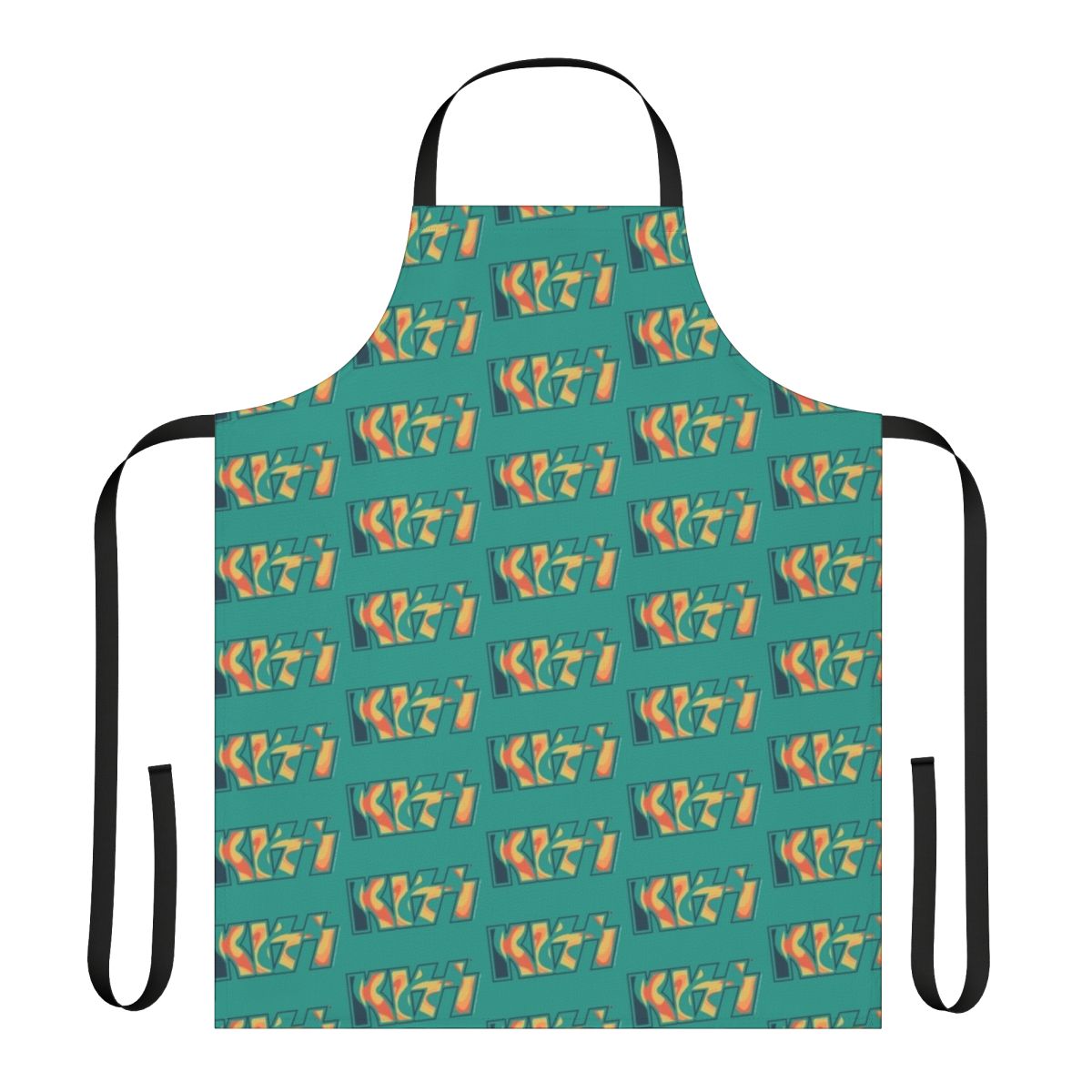 Tropical tie dye green apron featuring a KISS the Band inspired design