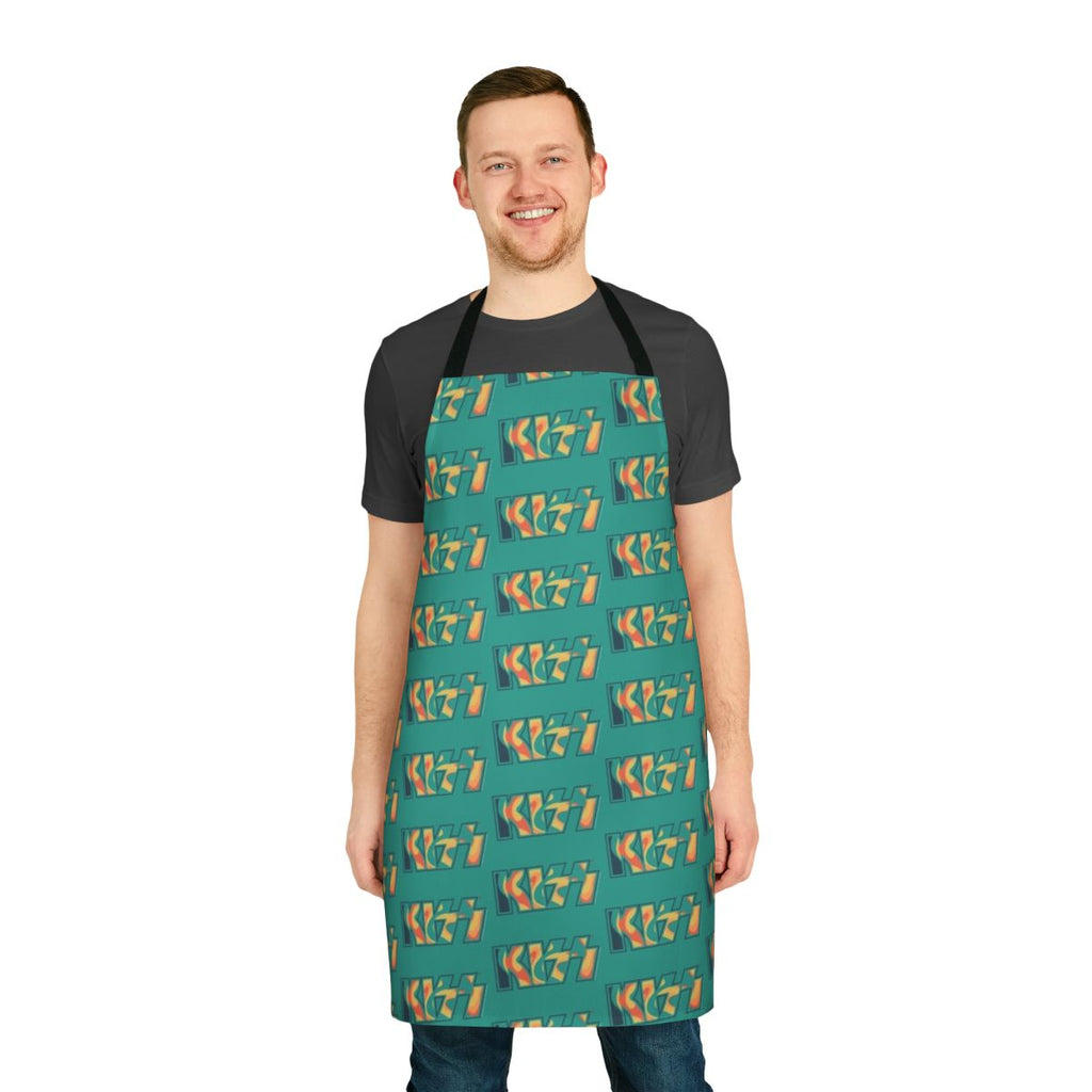 Tropical tie dye green apron featuring a KISS the Band inspired design