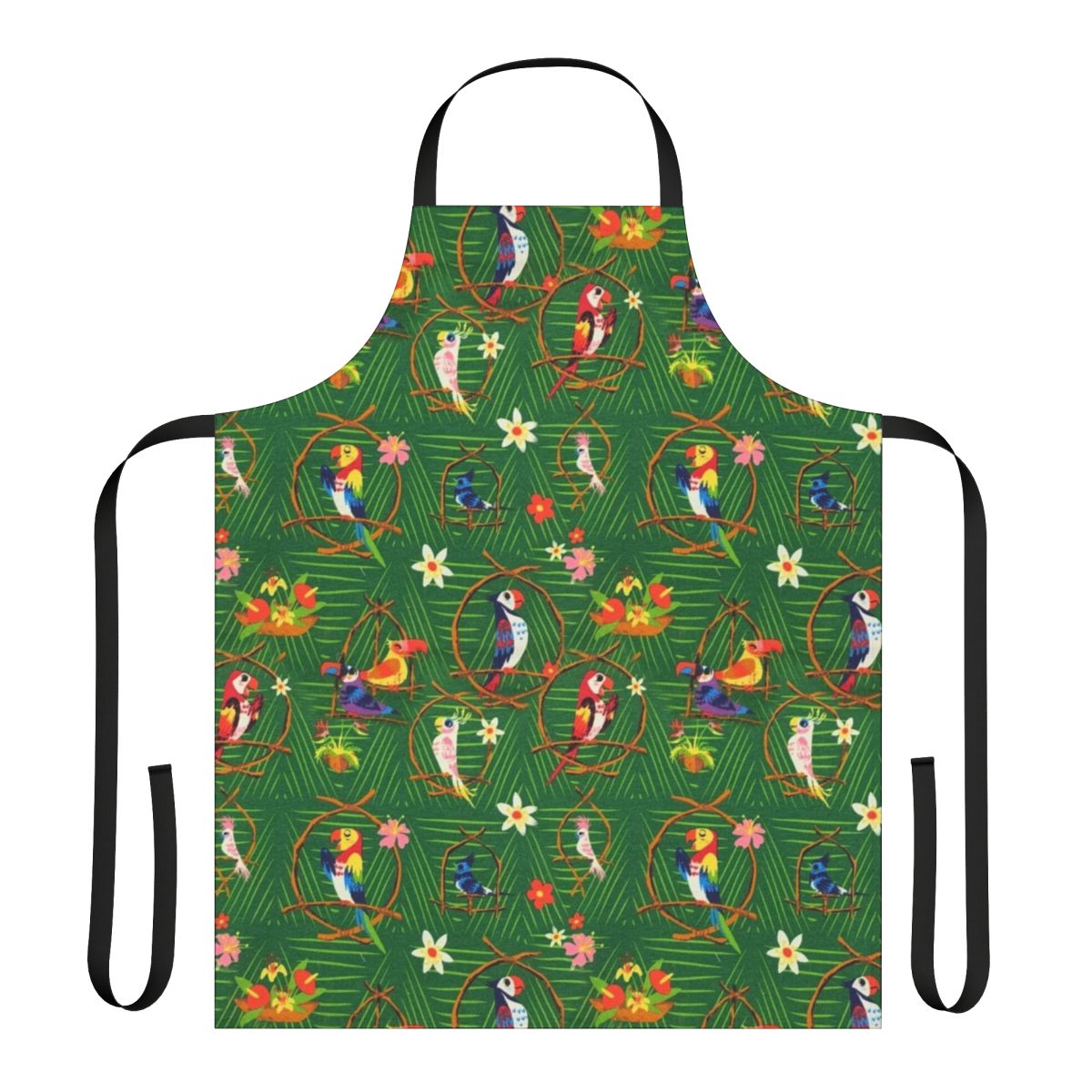 Teal and white tropical-themed apron with tiki bird and floral design, perfect for Disney fans