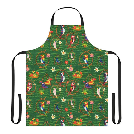 Teal and white tropical-themed apron with tiki bird and floral design, perfect for Disney fans