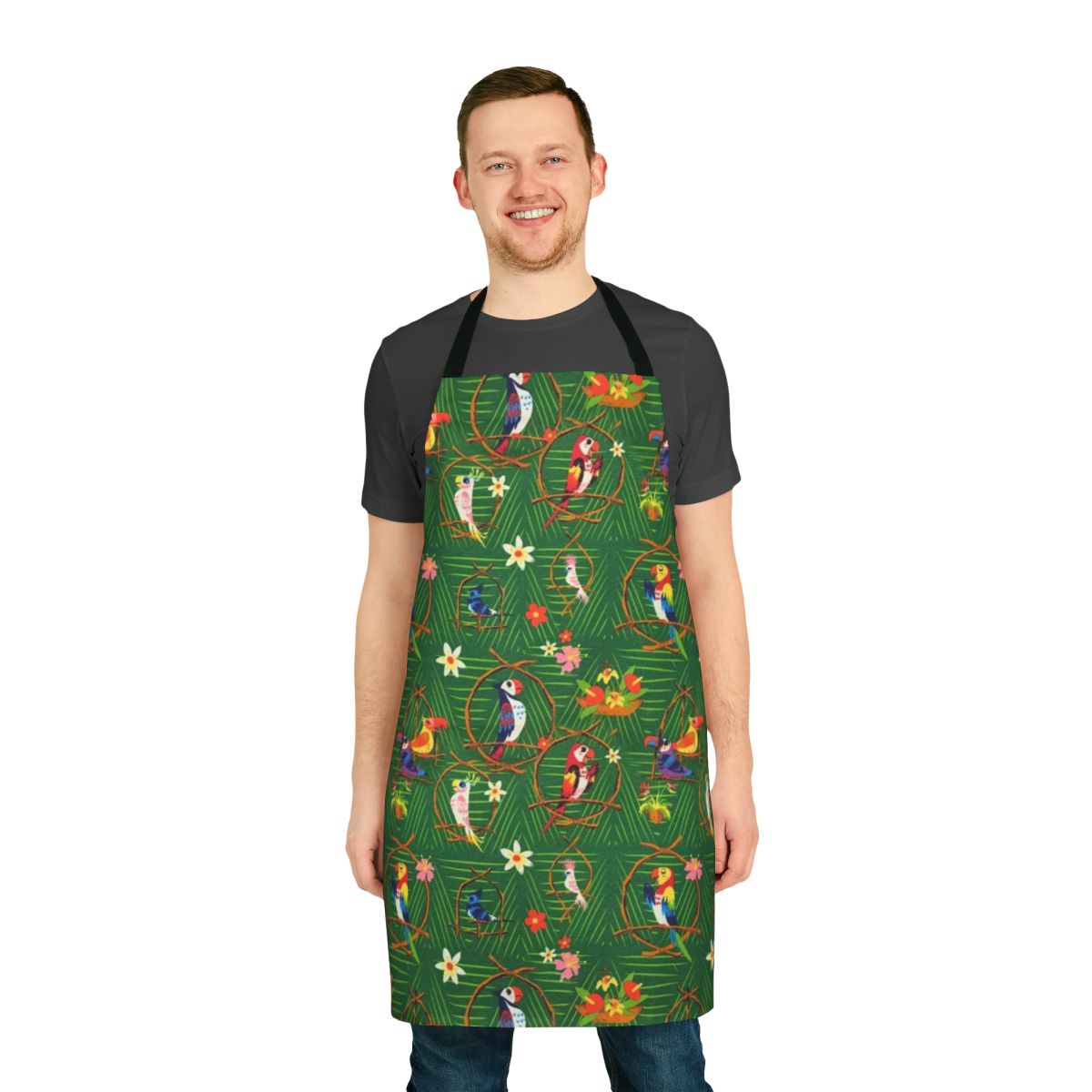 Teal and white tropical-themed apron with tiki bird and floral design, perfect for Disney fans
