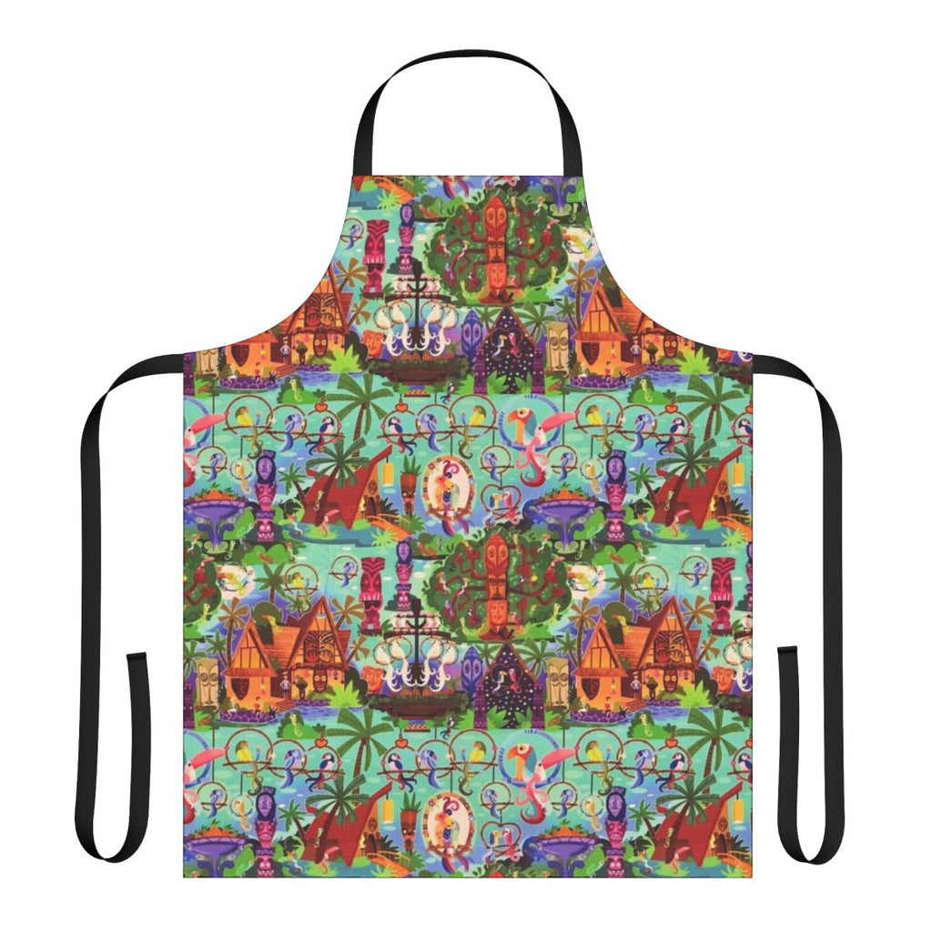 Tropical-themed apron featuring collage of Disneyland's Enchanted Tiki Room elements