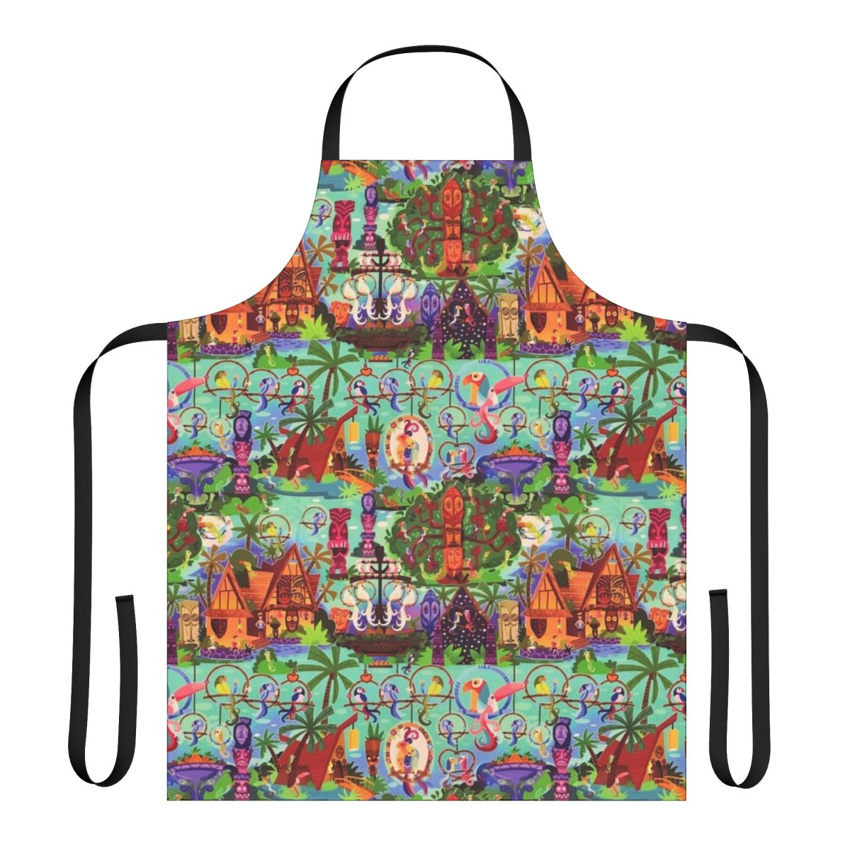 Tropical-themed apron featuring collage of Disneyland's Enchanted Tiki Room elements