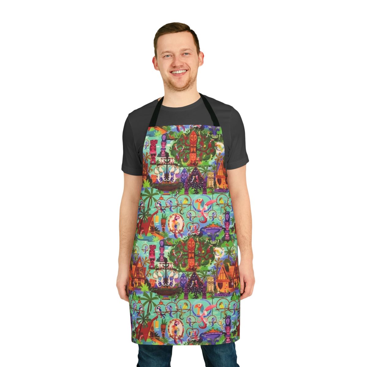 Tropical-themed apron featuring collage of Disneyland's Enchanted Tiki Room elements