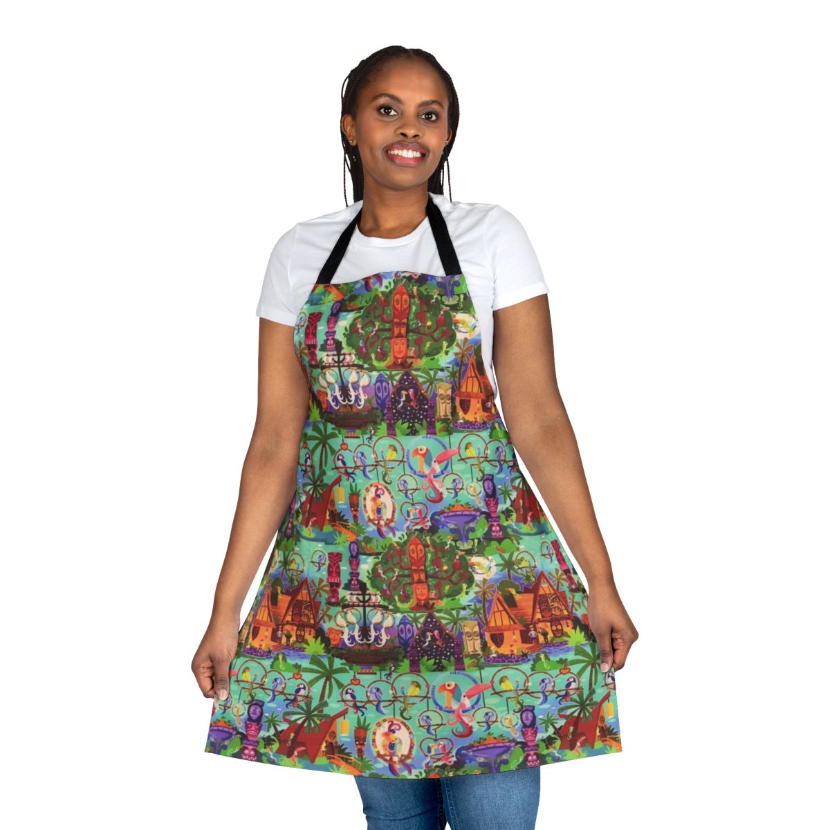 Tropical-themed apron featuring collage of Disneyland's Enchanted Tiki Room elements