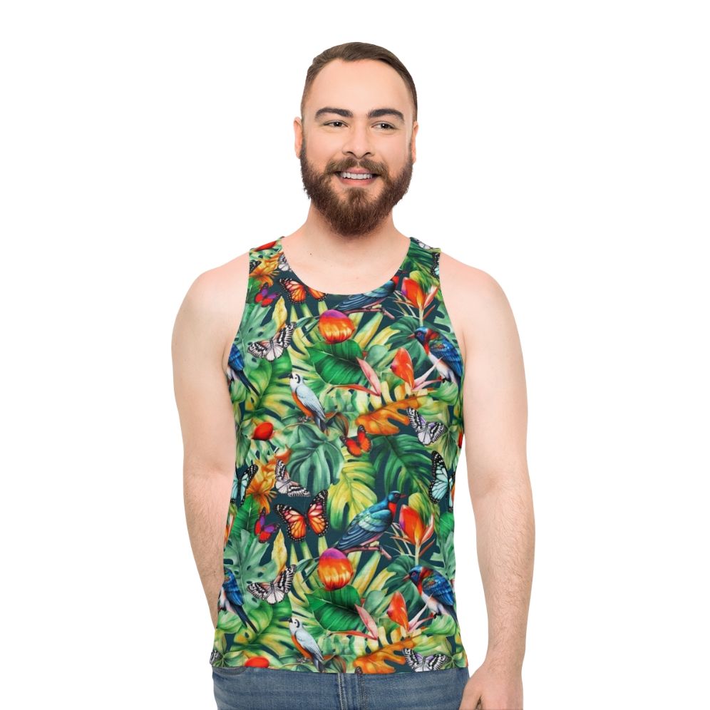 Tropical watercolor tank top with birds and monstera leaves