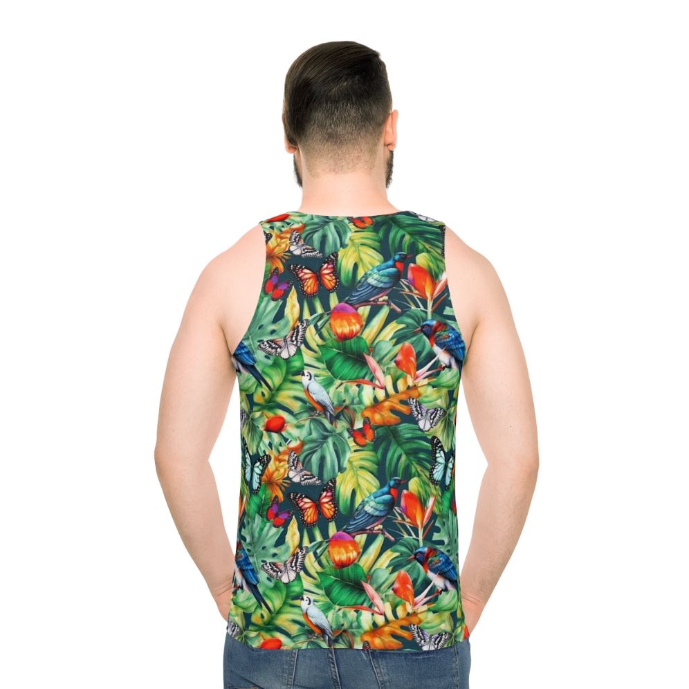 Tropical watercolor tank top with birds and monstera leaves