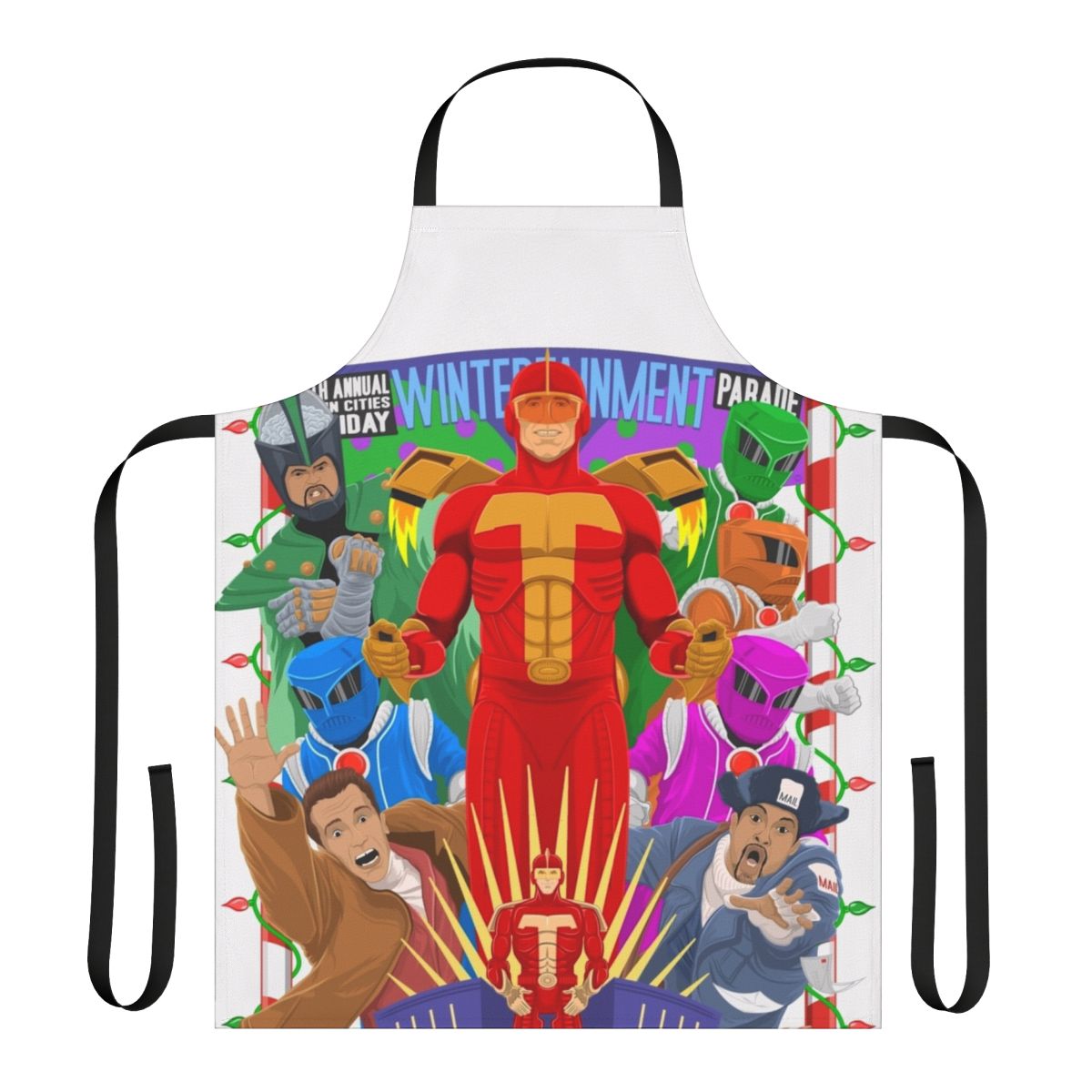 Turbo Time holiday-themed apron with a superhero design