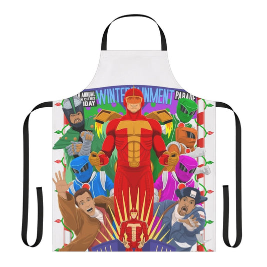 Turbo Time holiday-themed apron with a superhero design