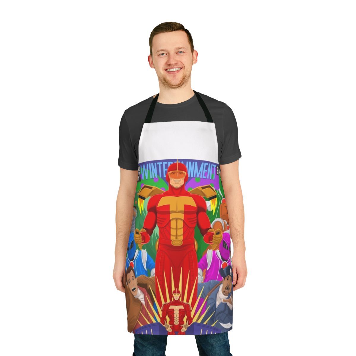 Turbo Time holiday-themed apron with a superhero design