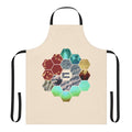 Turquoise and hexagon patterned apron with a sun motif, inspired by the music of Boards of Canada