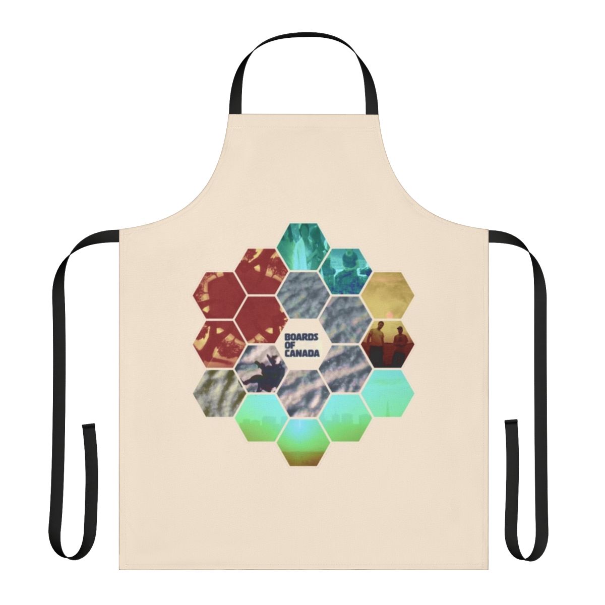 Turquoise and hexagon patterned apron with a sun motif, inspired by the music of Boards of Canada
