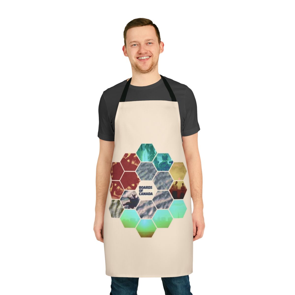 Turquoise and hexagon patterned apron with a sun motif, inspired by the music of Boards of Canada