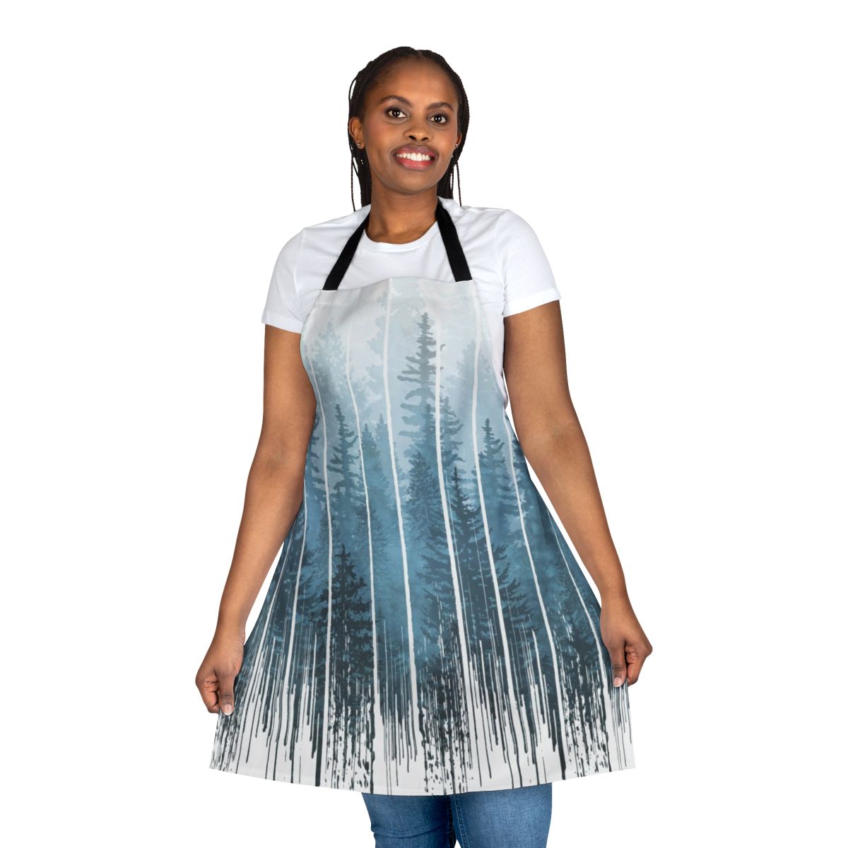 Turquoise and misty forest-inspired apron with a minimalist, geometric design