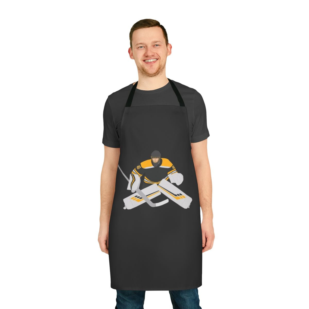 Tuukka Rask-inspired apron with Boston Bruins logo and hockey goalie design