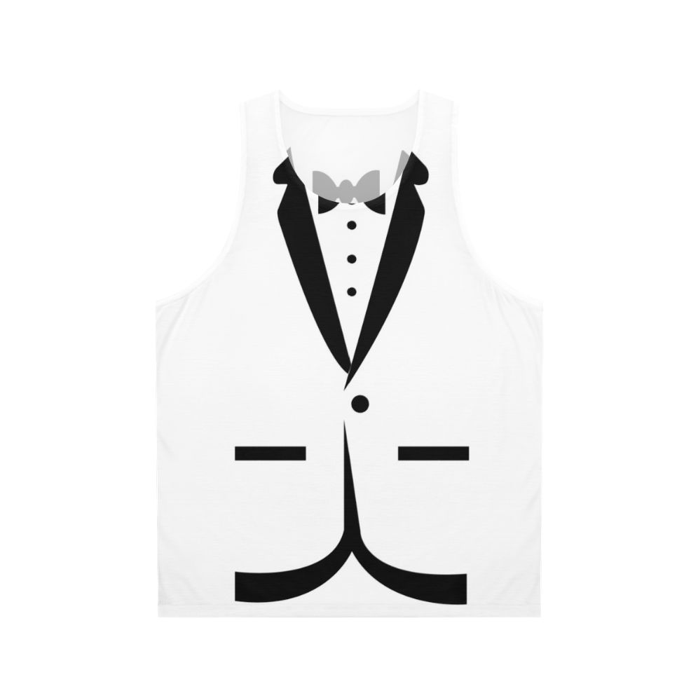A unisex tank top featuring a tuxedo and bow tie design in an animal print pattern