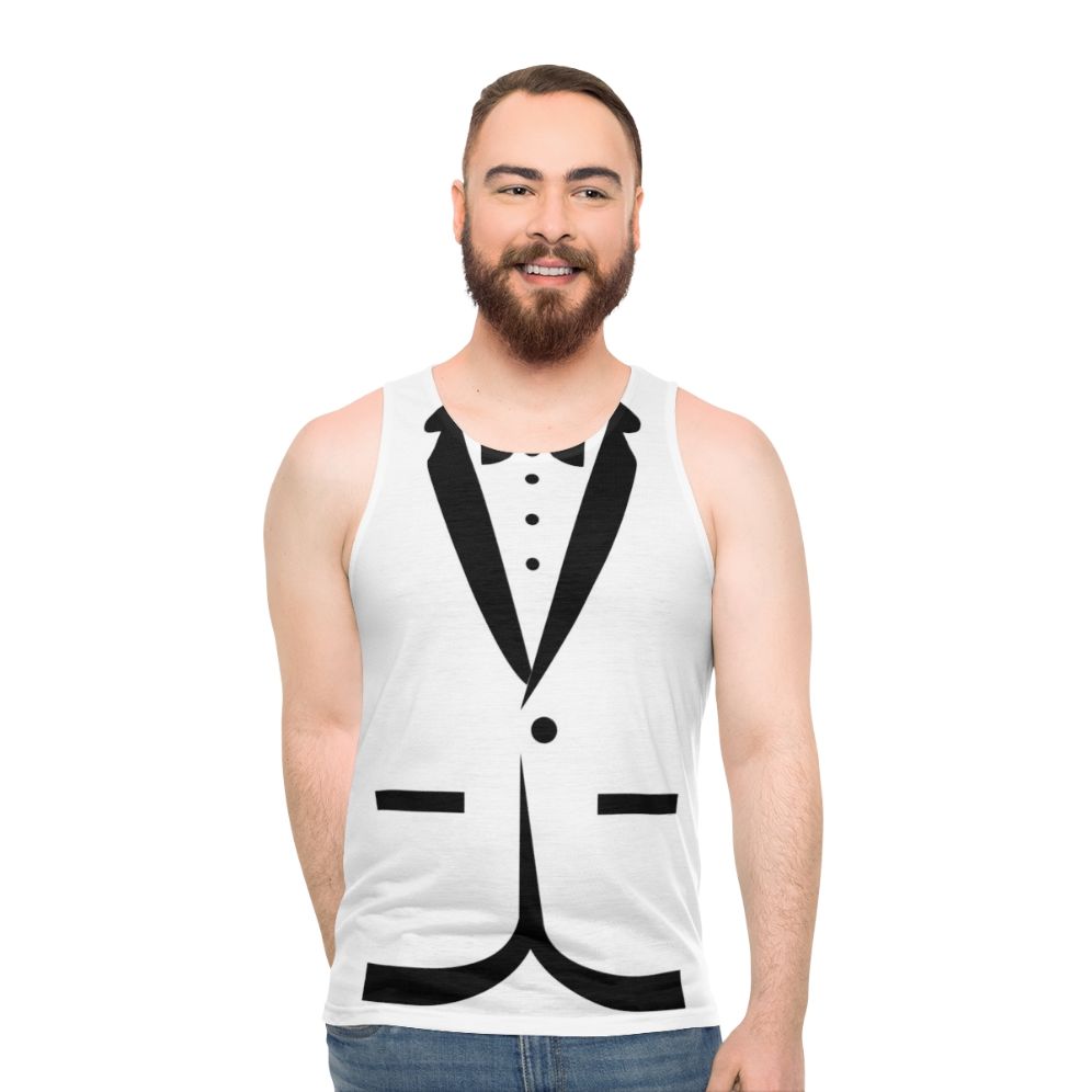 A unisex tank top featuring a tuxedo and bow tie design in an animal print pattern