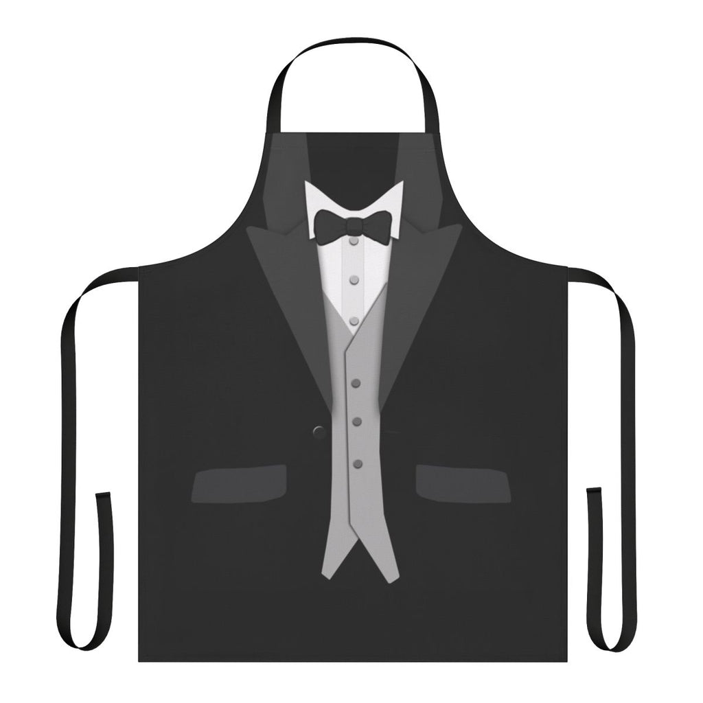 A stylish black apron with a tuxedo-inspired design, including a bow tie and vest.
