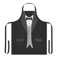 A stylish black apron with a tuxedo-inspired design, including a bow tie and vest.