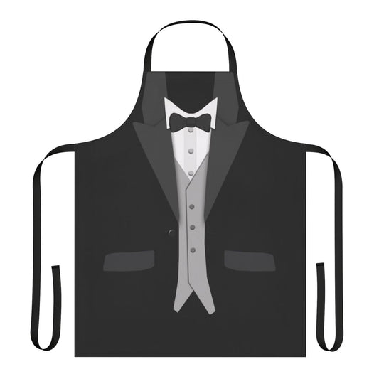 A stylish black apron with a tuxedo-inspired design, including a bow tie and vest.