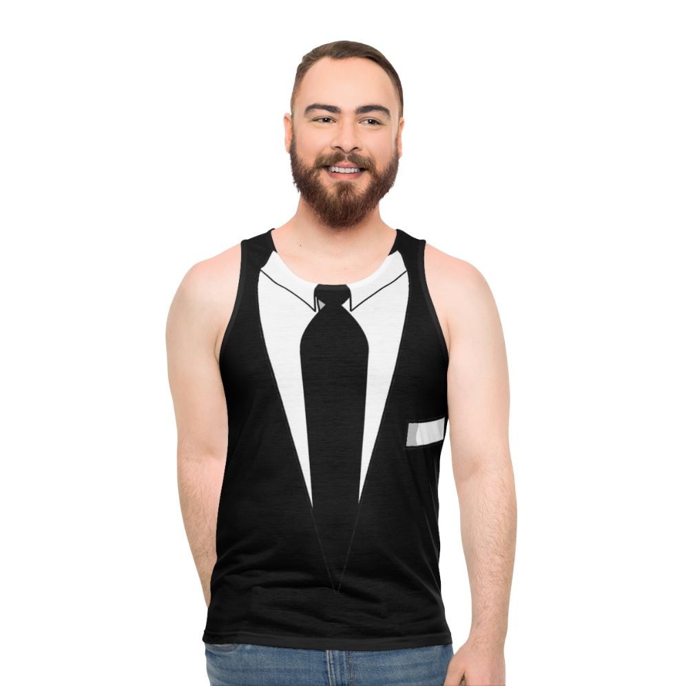 Tuxedo-inspired unisex tank top for formal events