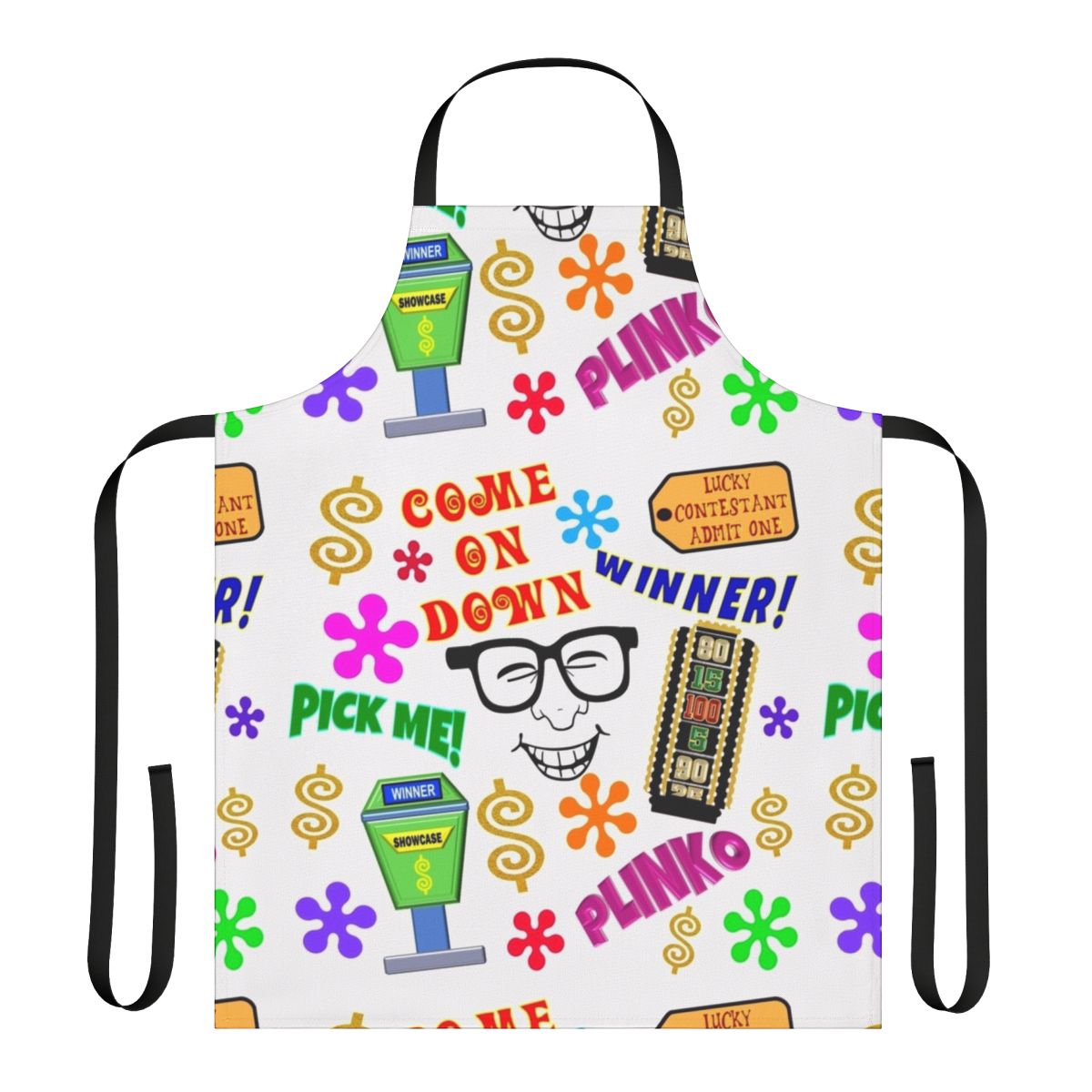 TV game show inspired collage design printed on a high-quality apron