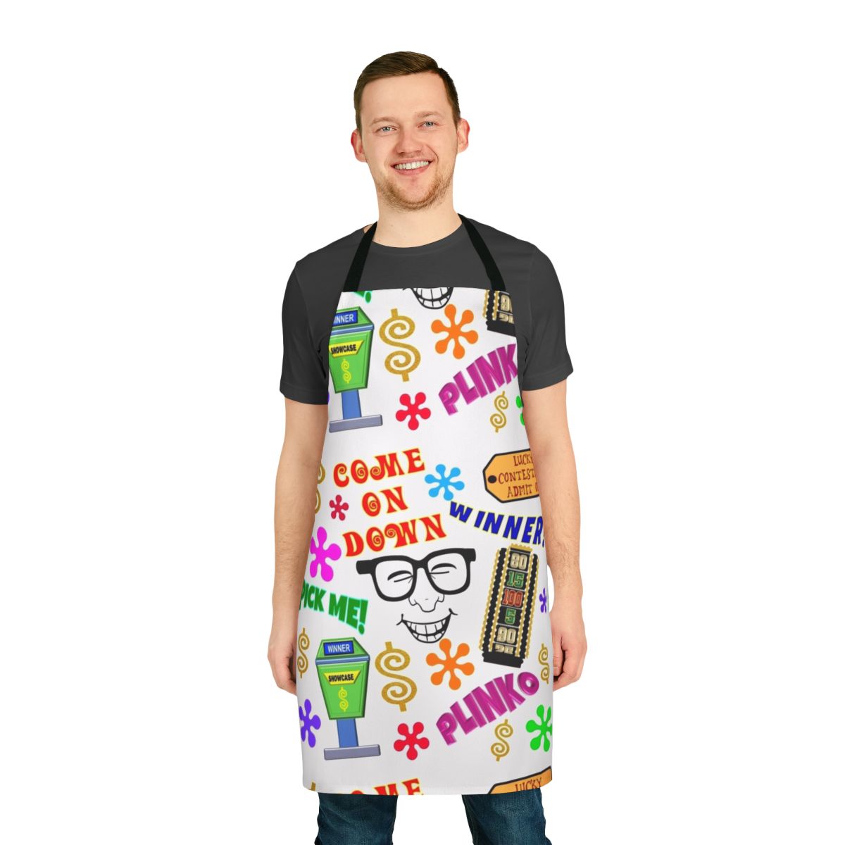 TV game show inspired collage design printed on a high-quality apron