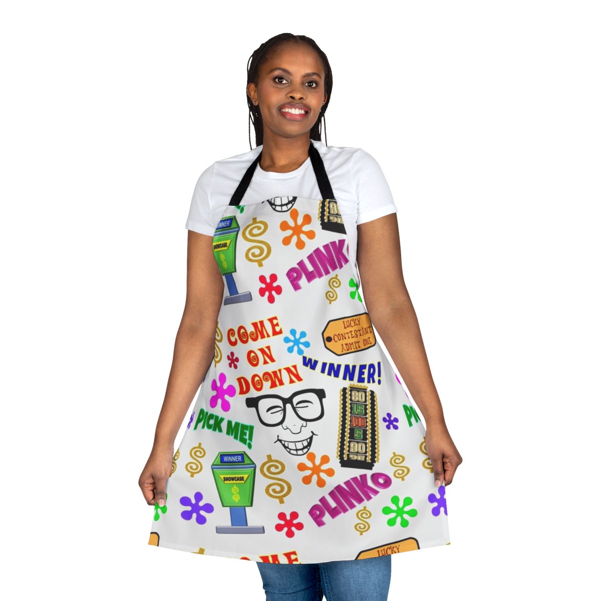 TV game show inspired collage design printed on a high-quality apron