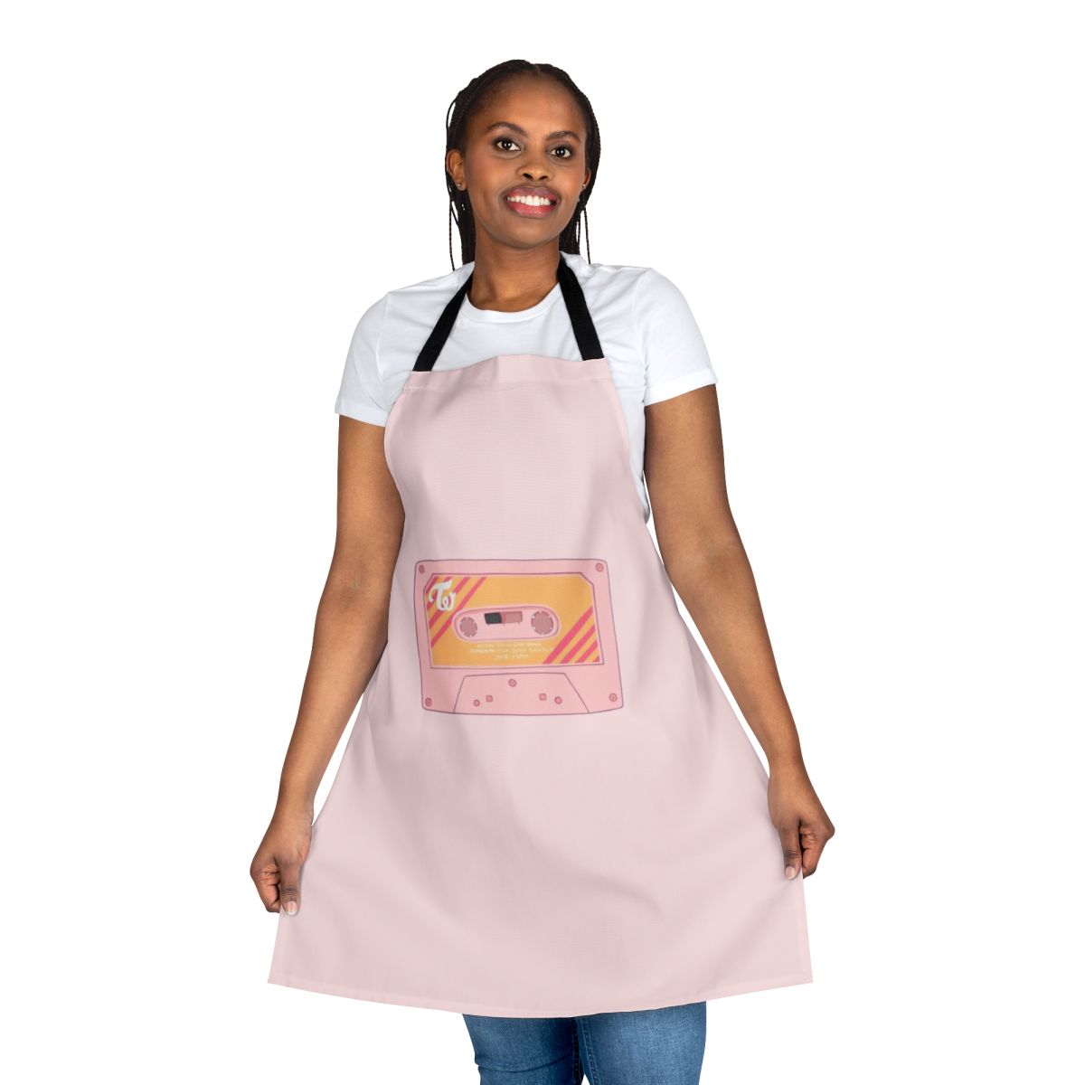 Twice-inspired cooking apron with band members' names and aesthetic design