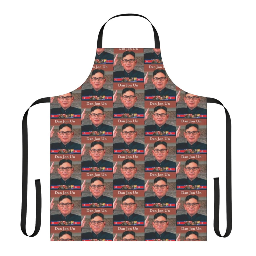 A cooking apron featuring a caricature of a dictator, suitable for making light of authoritarian politics.