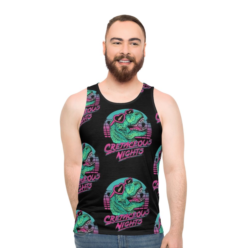 Tyrannosaurus rex dinosaur graphic on a retro-style unisex tank top