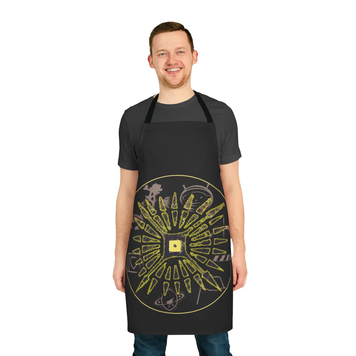 A stylish apron featuring the iconic U2 logo and design elements inspired by their Innocence + Experience Tour.