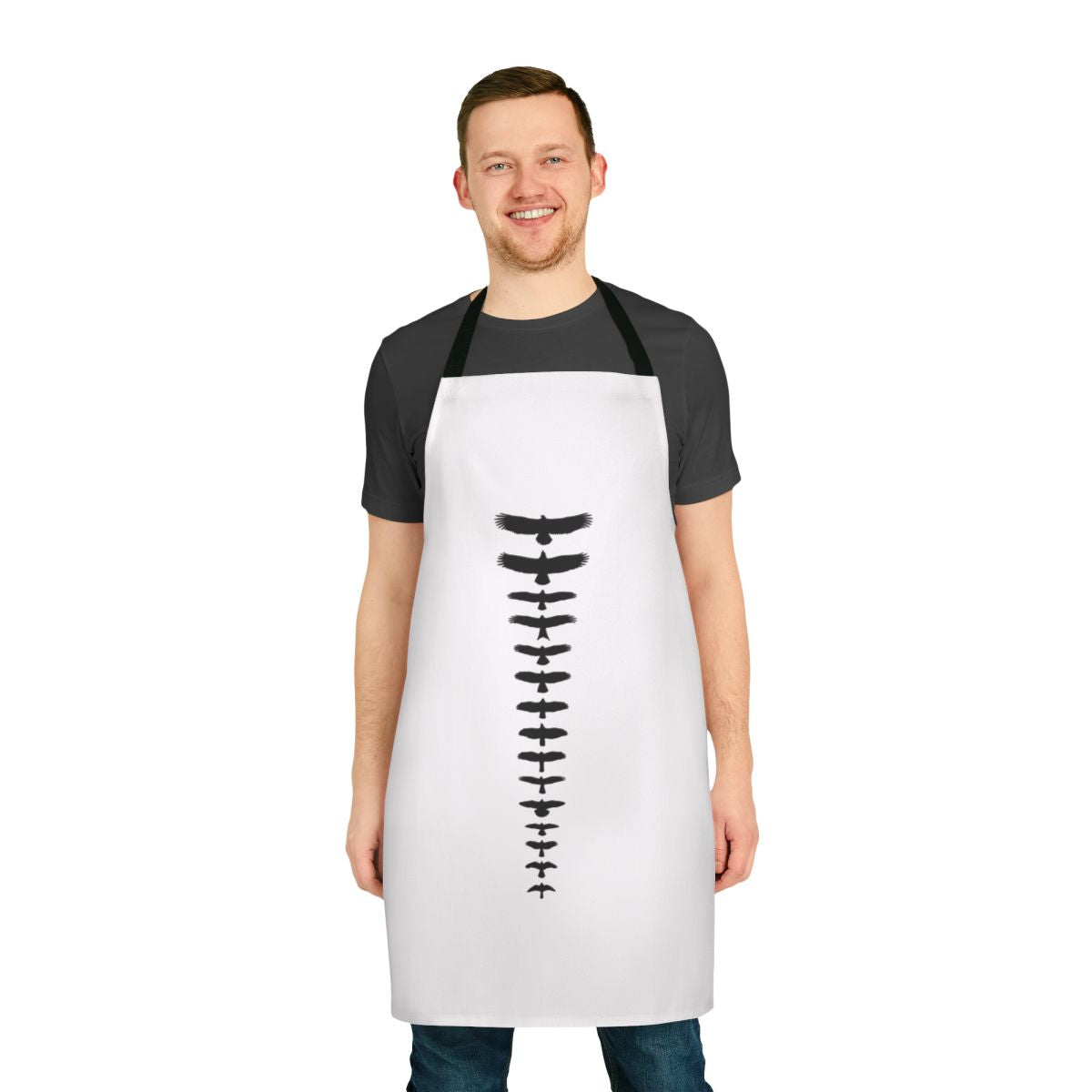 Black apron featuring a silhouette design of various UK birds of prey, including eagles, hawks, and falcons.