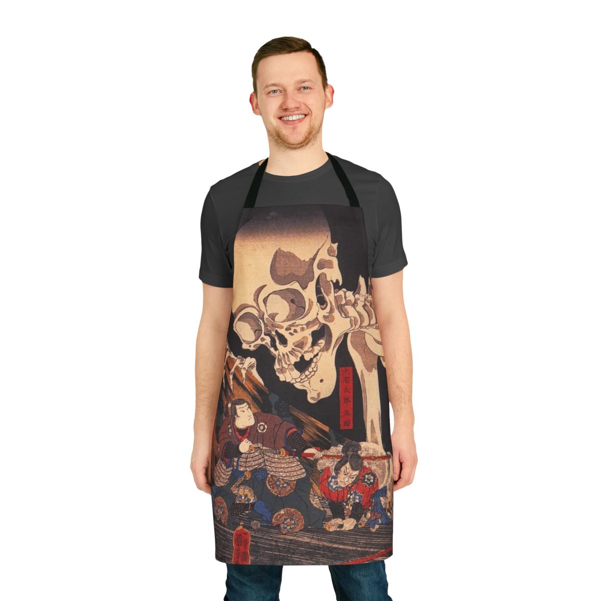 Ukiyo-e inspired apron featuring a samurai skeleton design