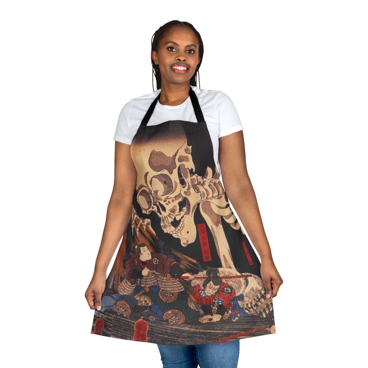 Ukiyo-e inspired apron featuring a samurai skeleton design