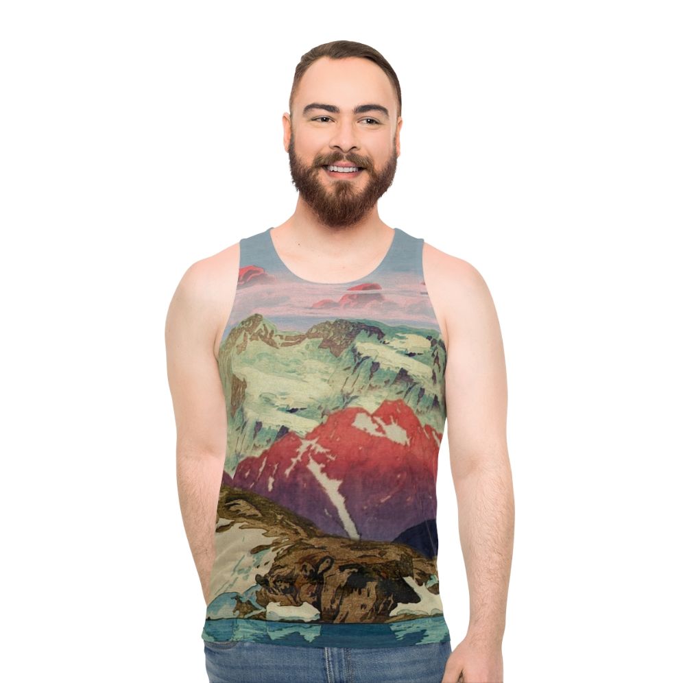 Unisex tank top with a winter landscape inspired by Japanese ukiyo-e art
