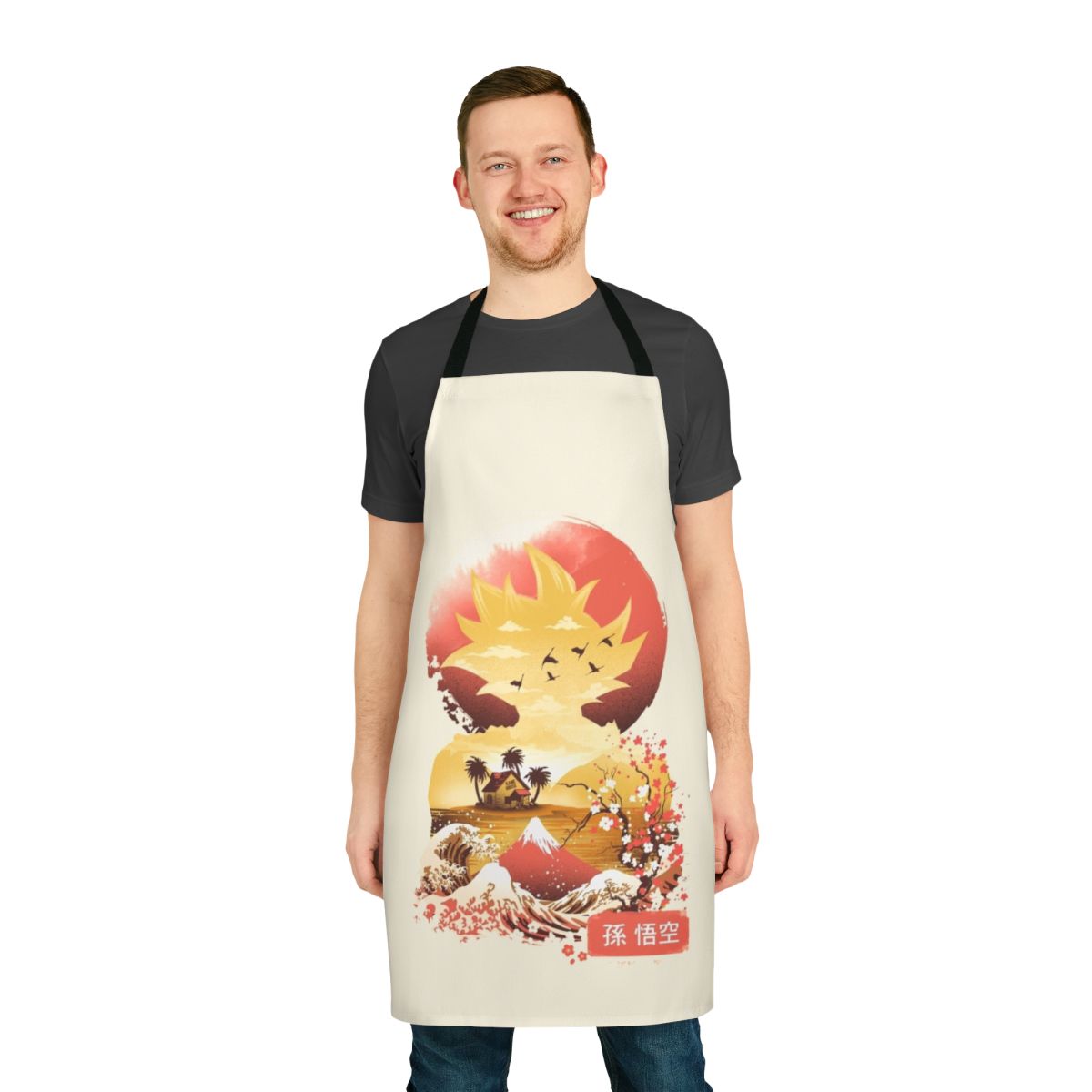 Ukiyo-inspired apron featuring anime-style design with nature elements