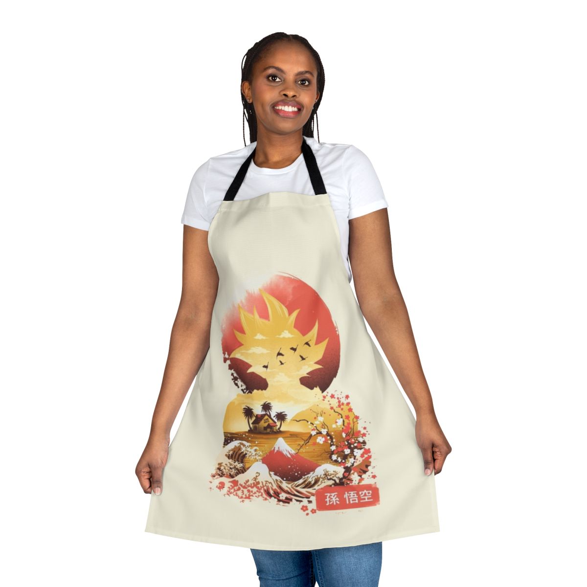 Ukiyo-inspired apron featuring anime-style design with nature elements