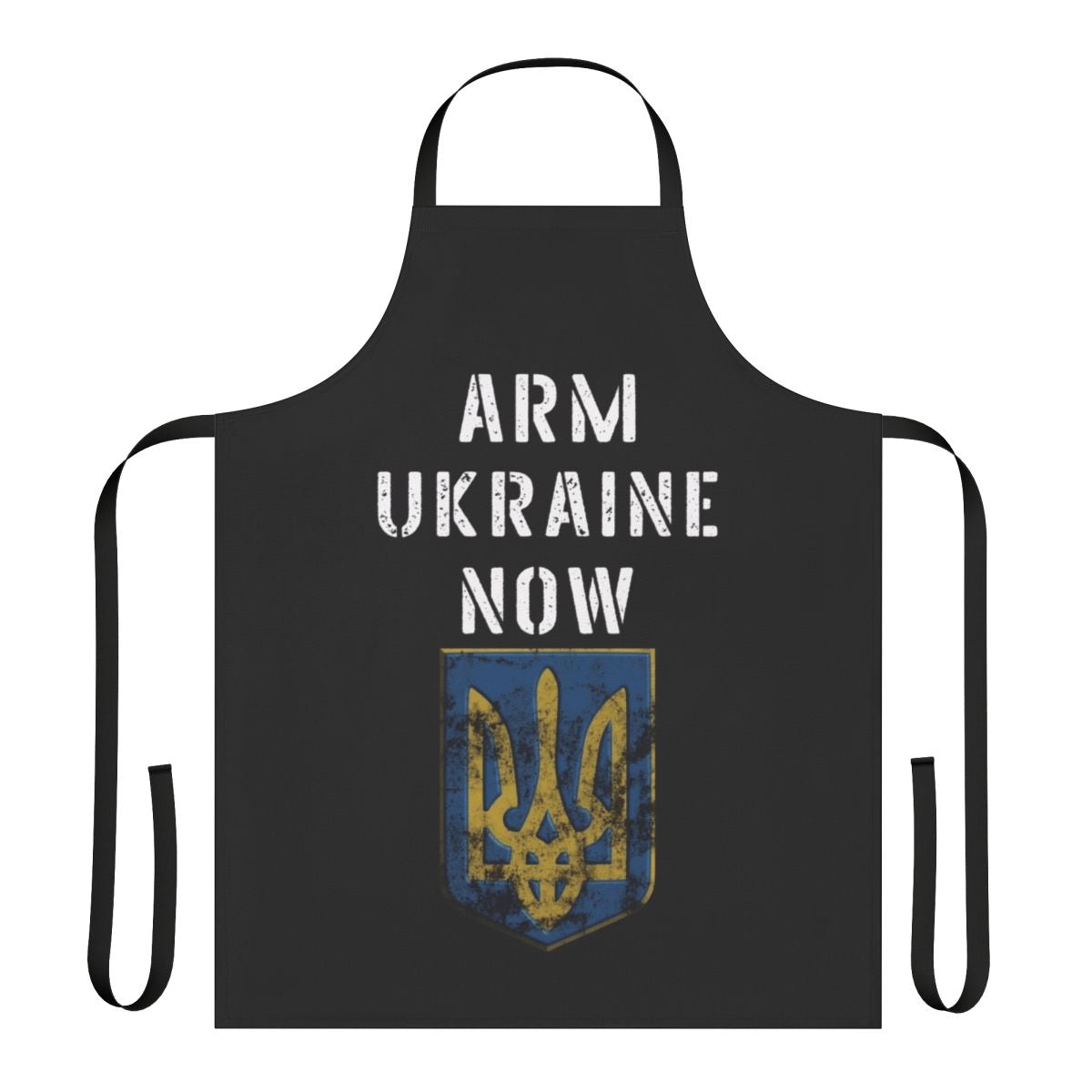 Ukrainian flag themed apron with trident symbol, showing support for Ukraine