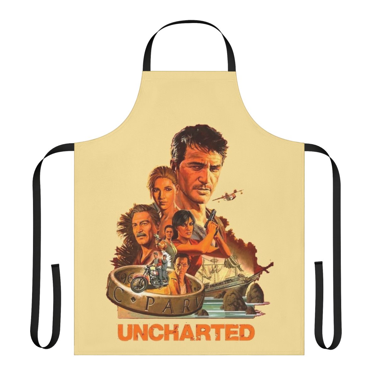 Uncharted-inspired apron featuring the Uncharted logo and iconic "Sic Parvis Magna" motto