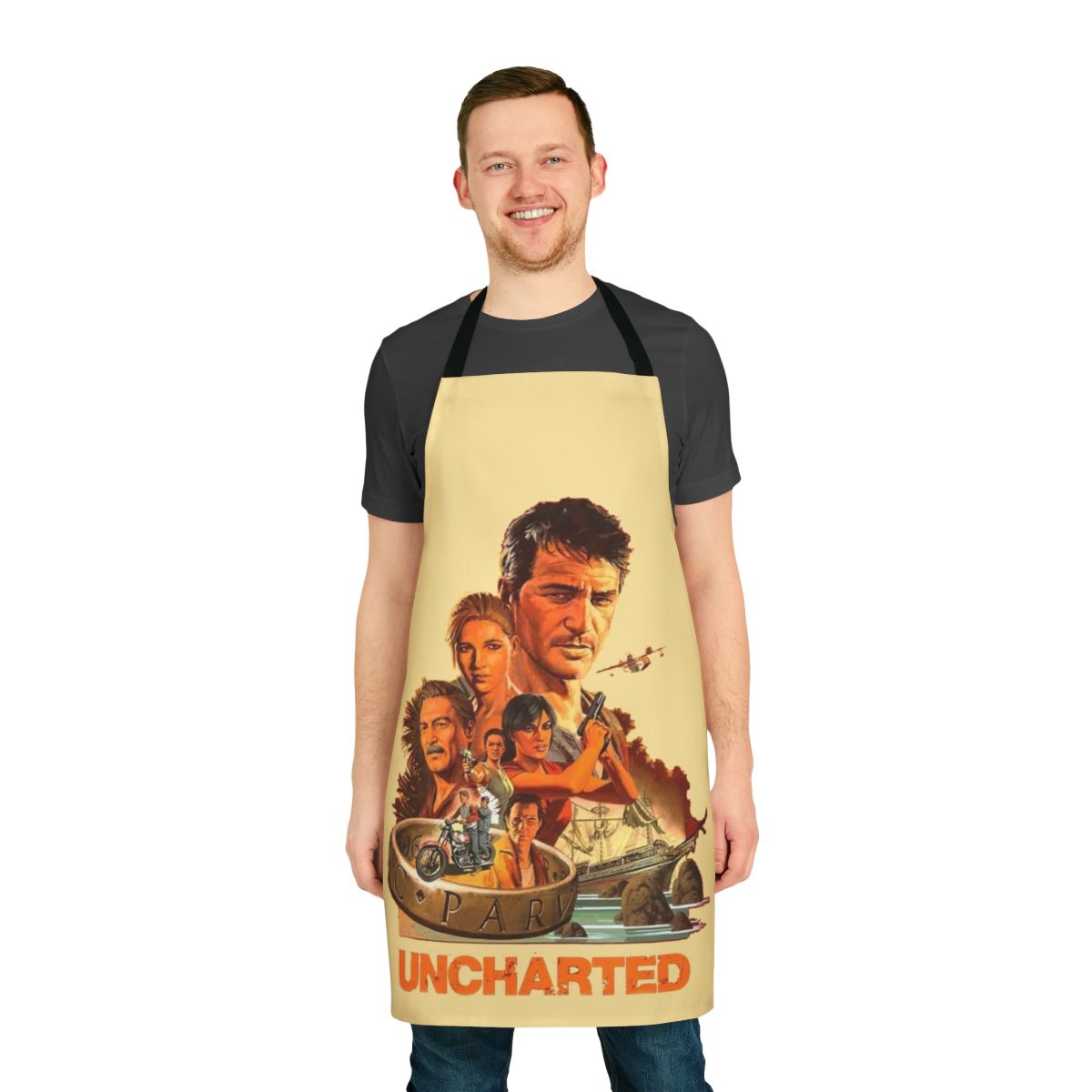 Uncharted-inspired apron featuring the Uncharted logo and iconic "Sic Parvis Magna" motto