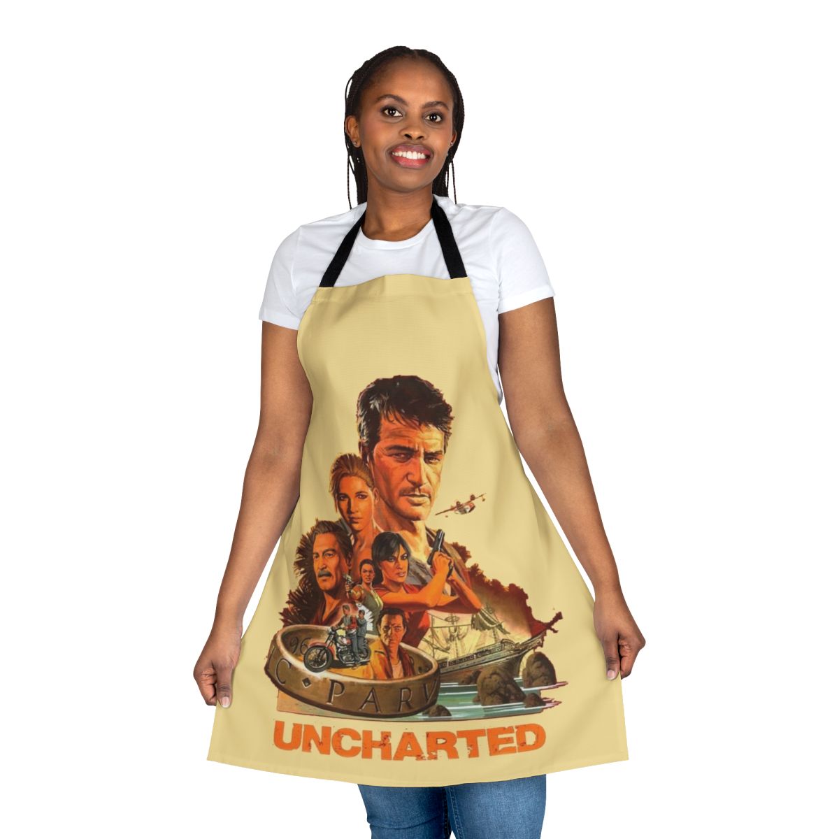 Uncharted-inspired apron featuring the Uncharted logo and iconic "Sic Parvis Magna" motto