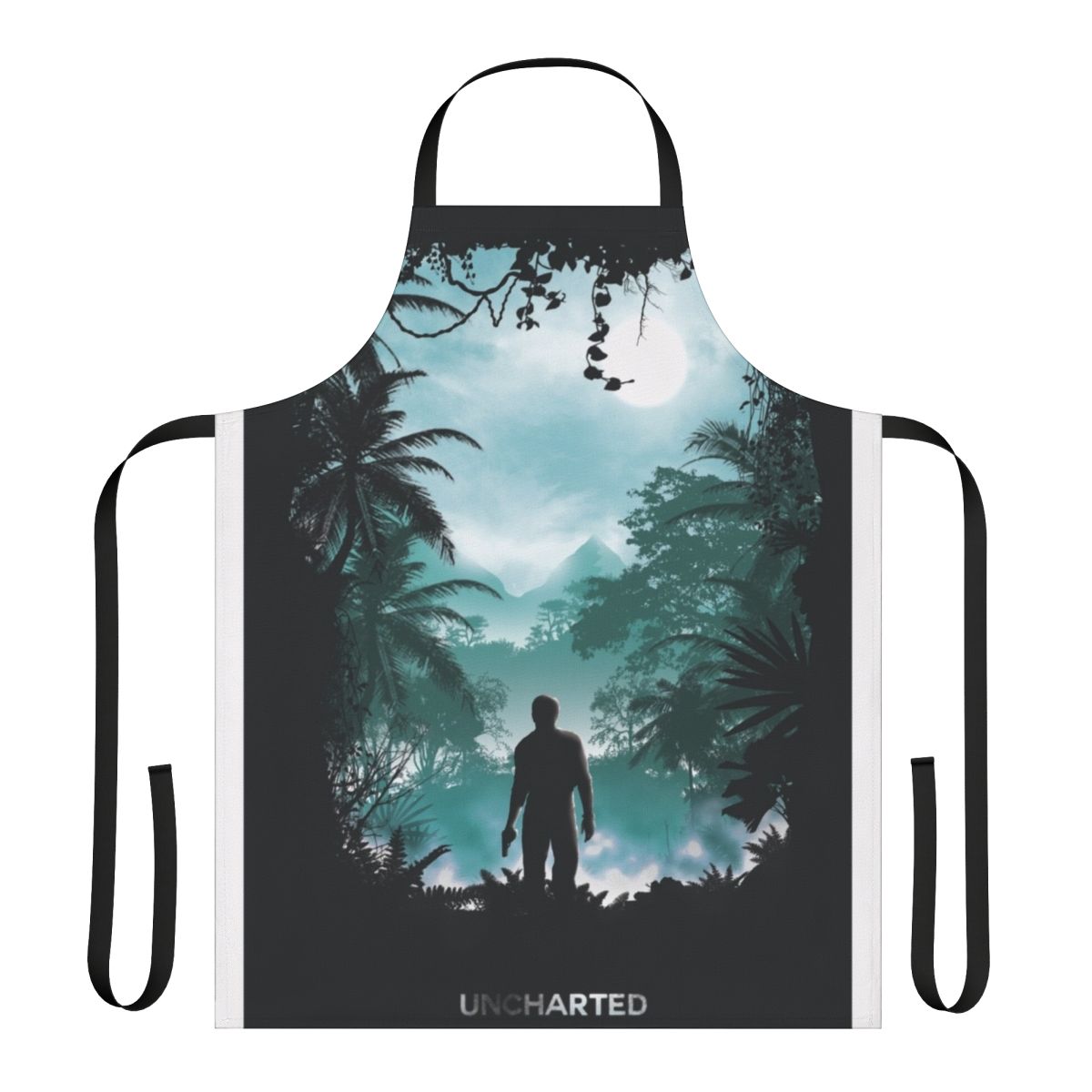 Uncharted-inspired apron featuring the iconic "Uncharted" logo and imagery from the popular video game series